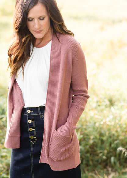 Mauve Open Front Waffle Long Sleeve Cardigan Tops