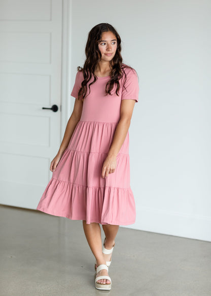 Mauve Short Sleeve Tiered Midi Dress Dresses