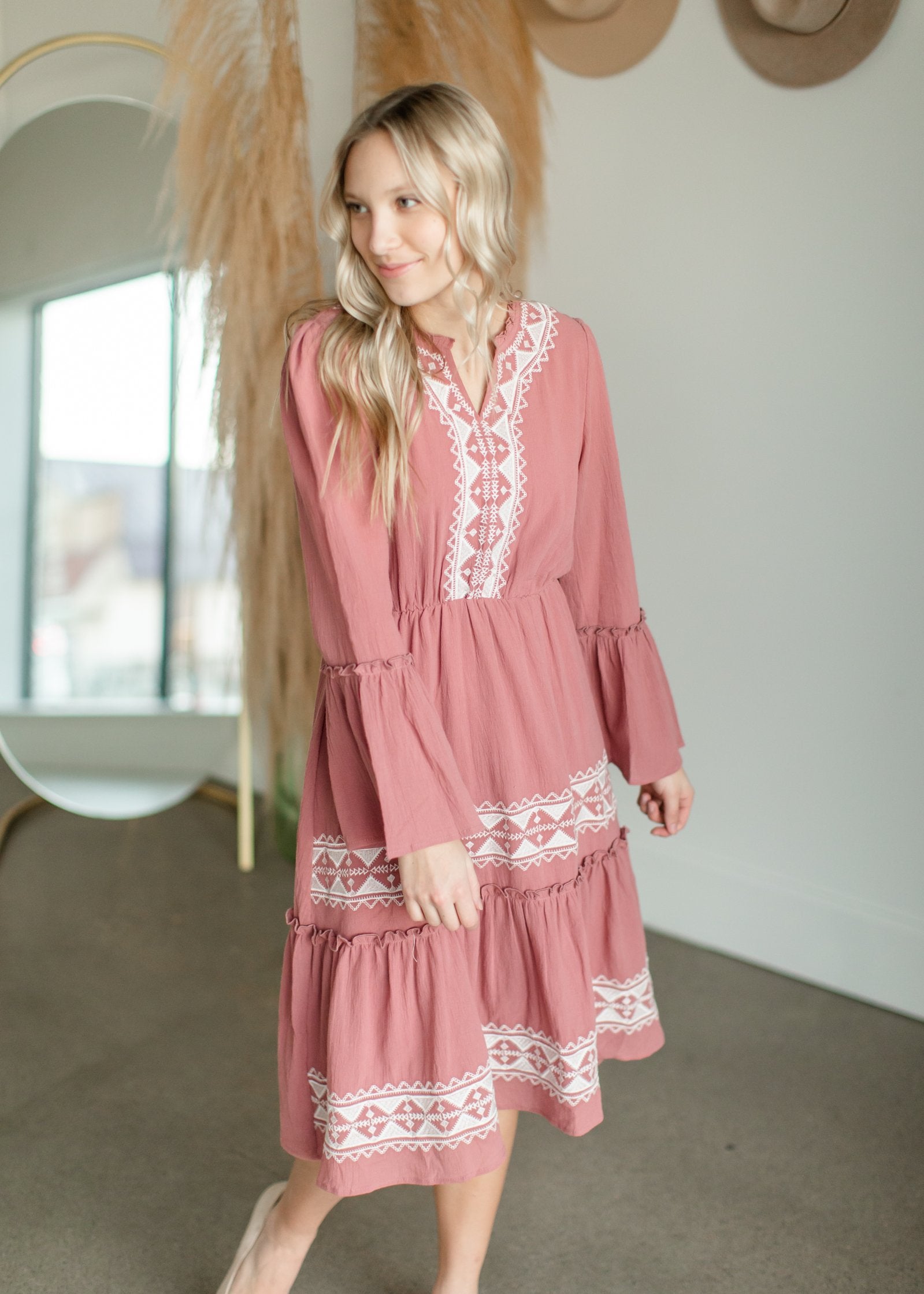Mauve Tiered Embroidered Midi Dress Dresses Tea & Rose S