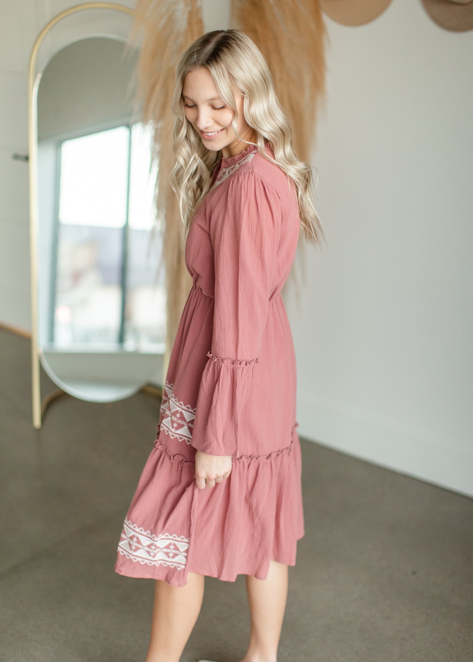 Mauve Tiered Embroidered Midi Dress Dresses Tea & Rose