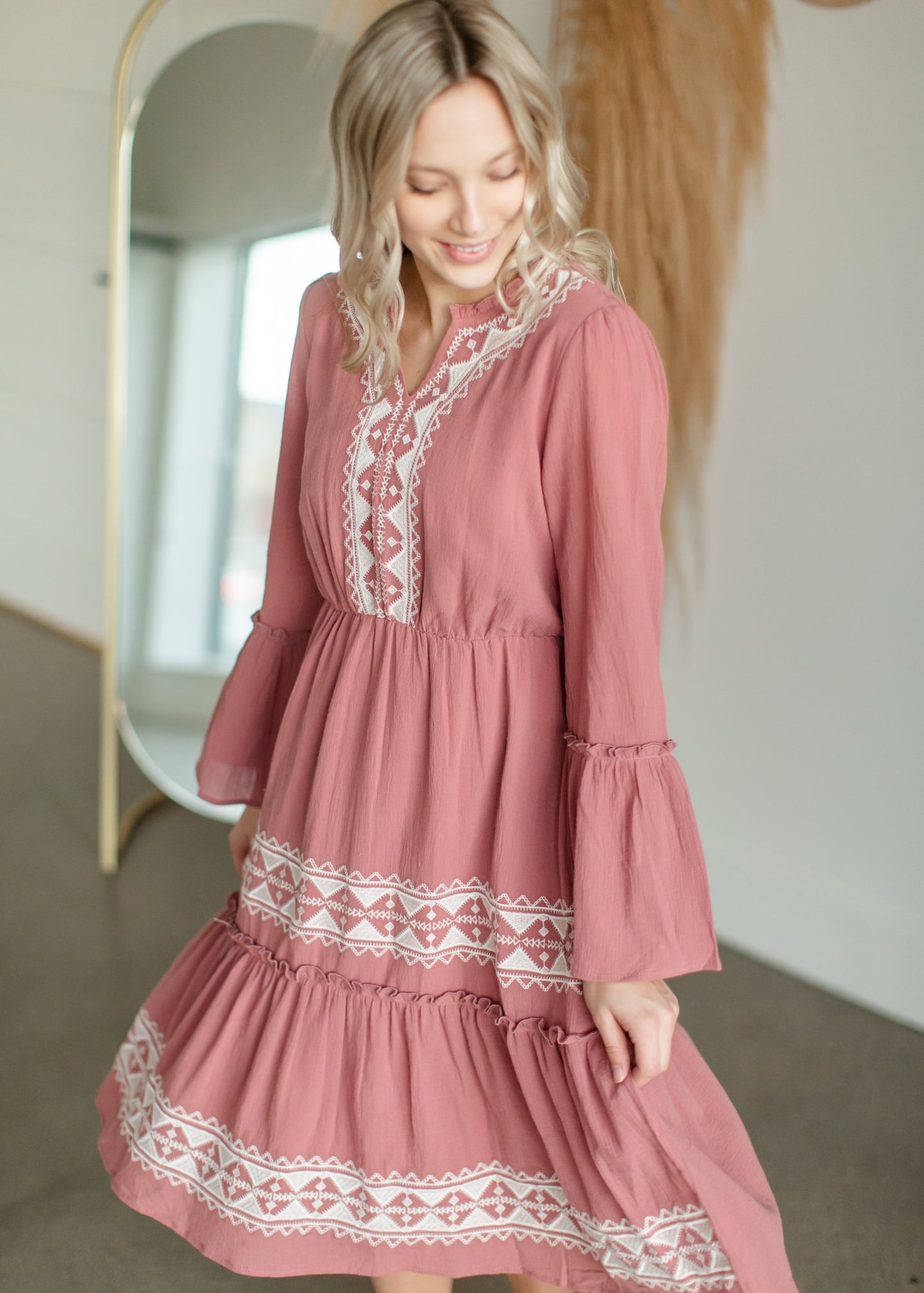 Mauve Tiered Embroidered Midi Dress Dresses Tea & Rose