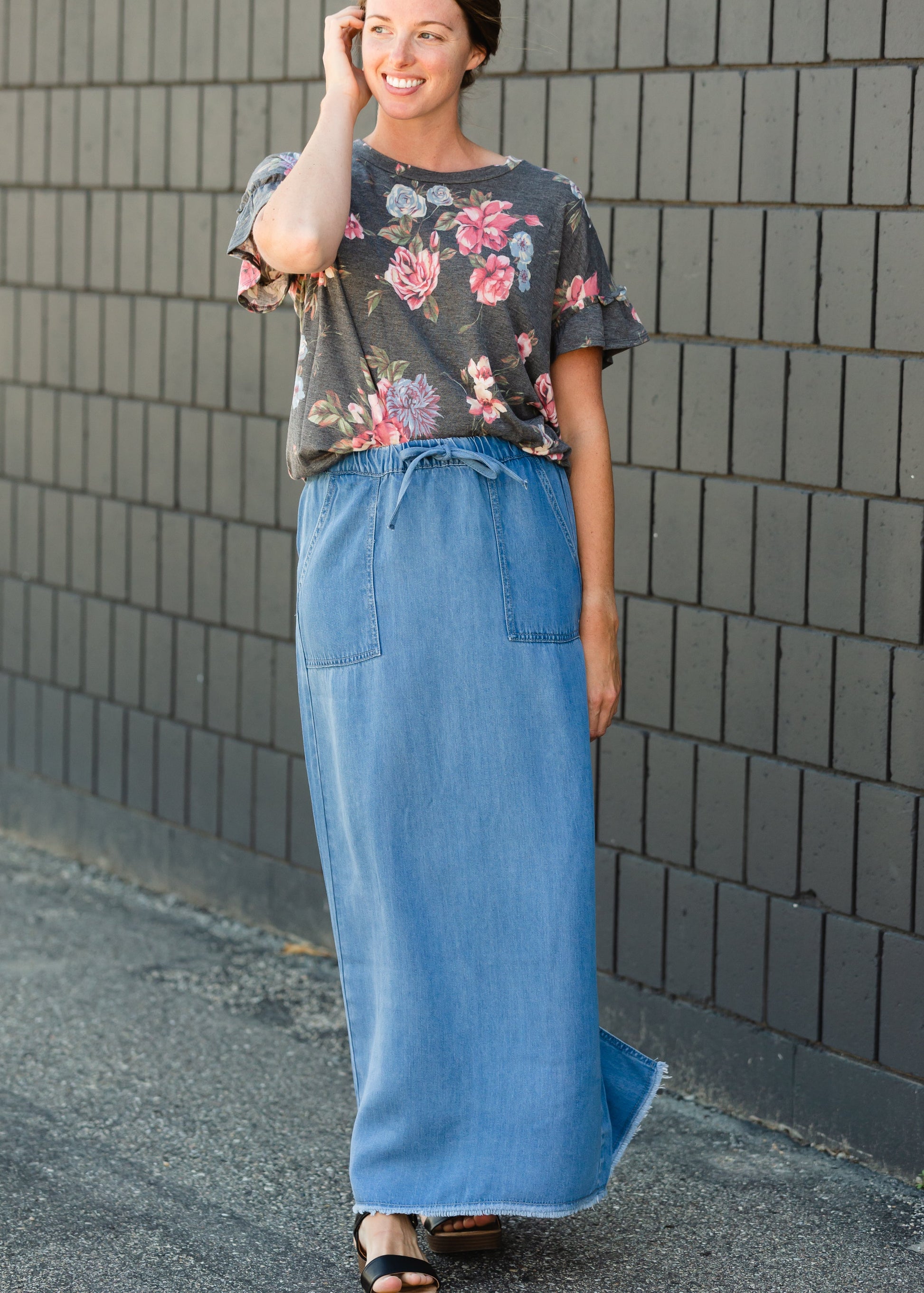 Meadow Drawstring Waist Chambray Long Denim Jean Skirt - FINAL SALE Skirts