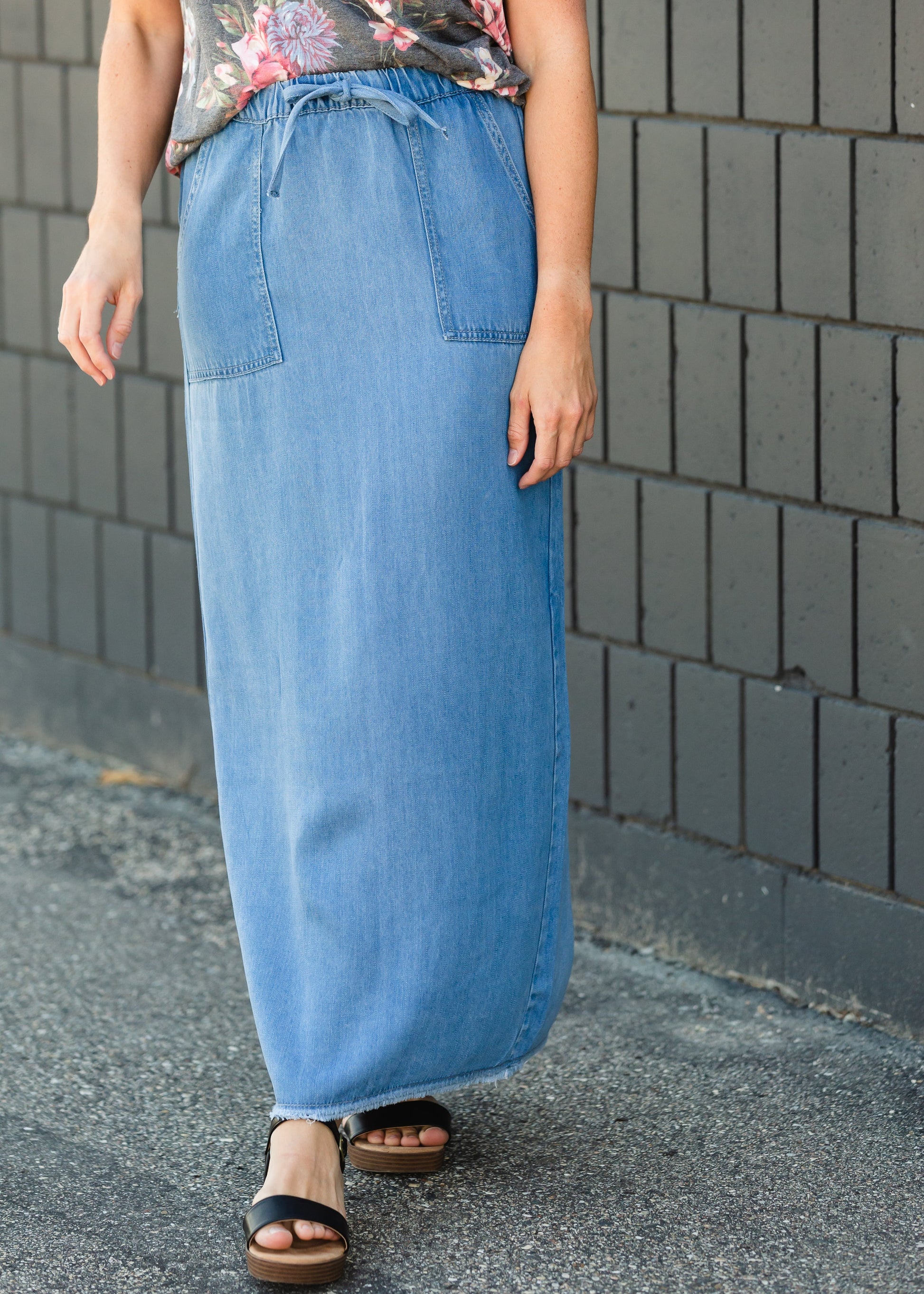 Meadow Drawstring Waist Chambray Long Denim Jean Skirt - FINAL SALE Skirts