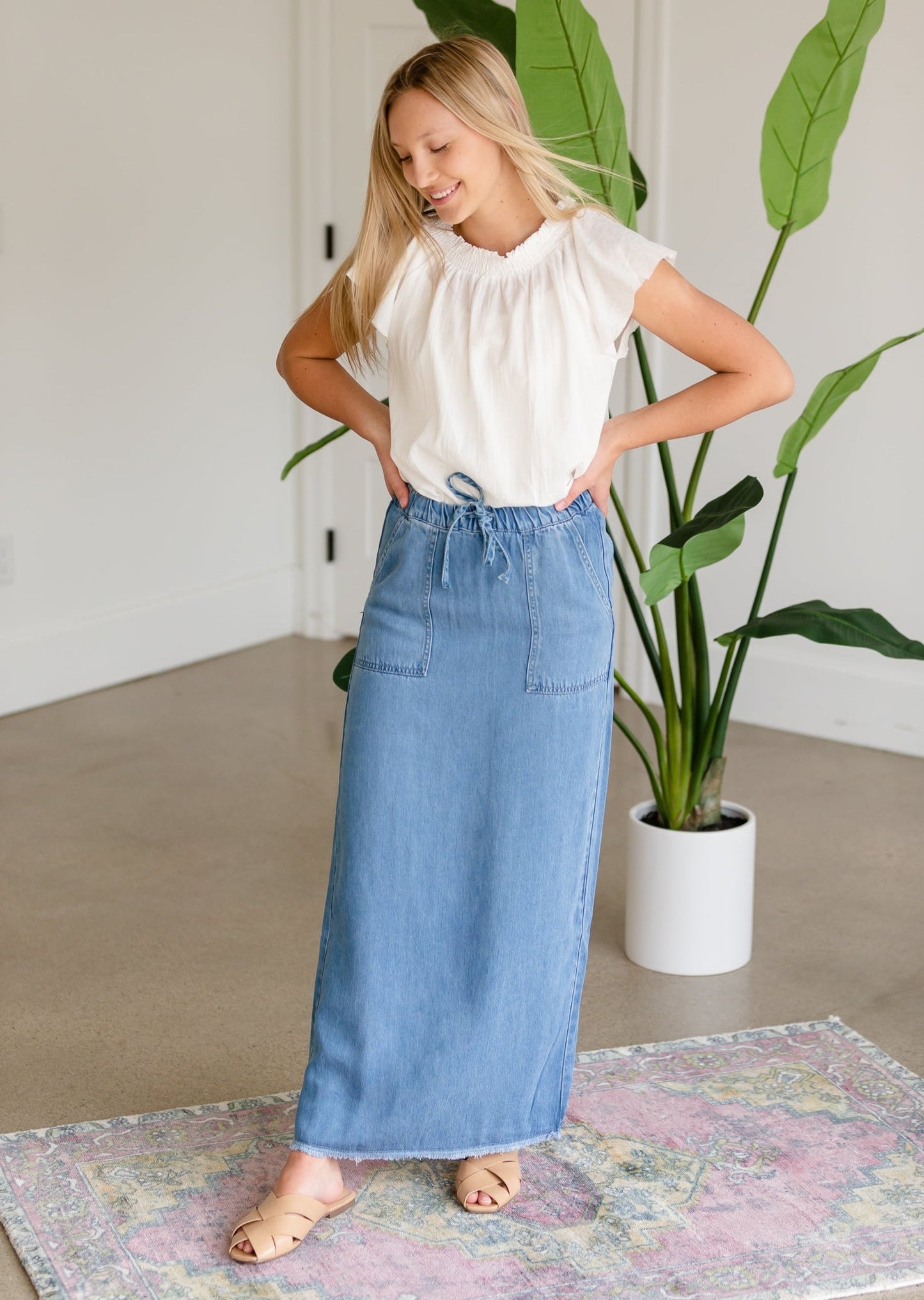 Meadow Drawstring Waist Chambray Long Denim Jean Skirt - FINAL SALE Skirts