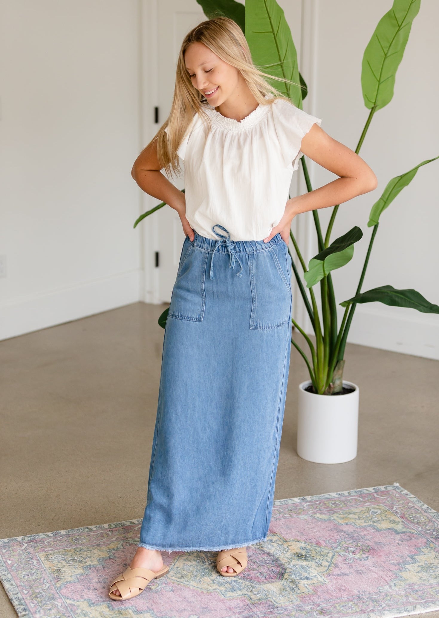 Meadow Drawstring Waist Chambray Long Denim Jean Skirt - FINAL SALE Skirts