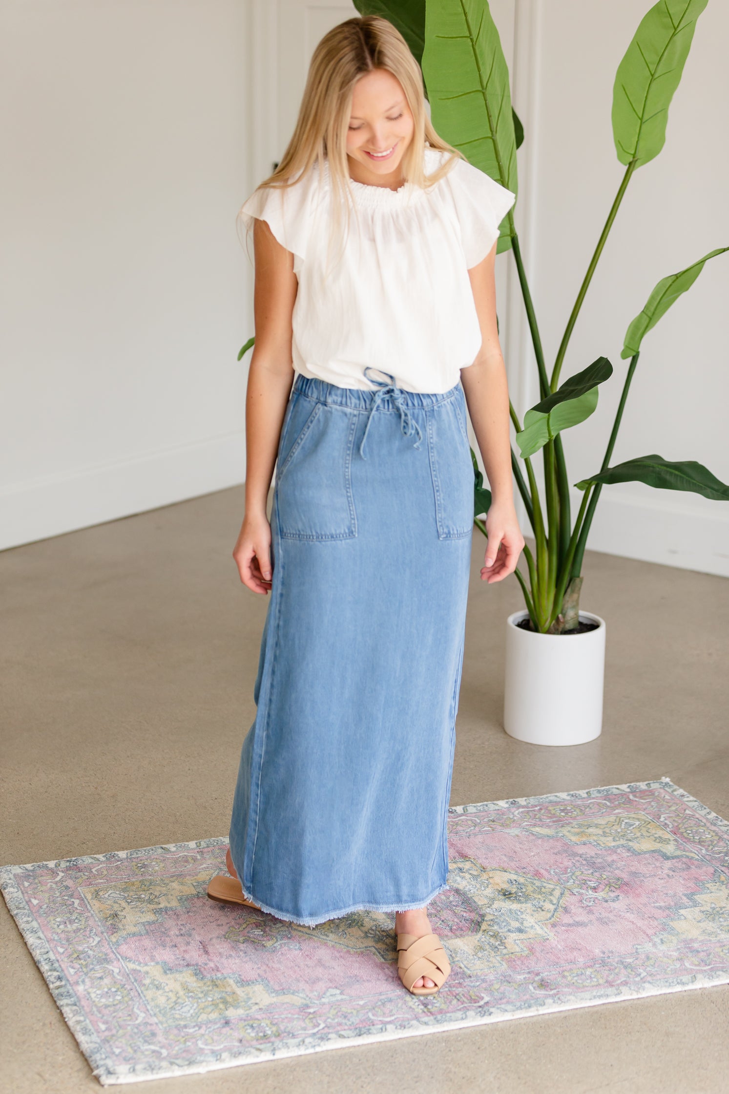 Meadow Drawstring Waist Chambray Long Denim Jean Skirt - FINAL SALE Skirts