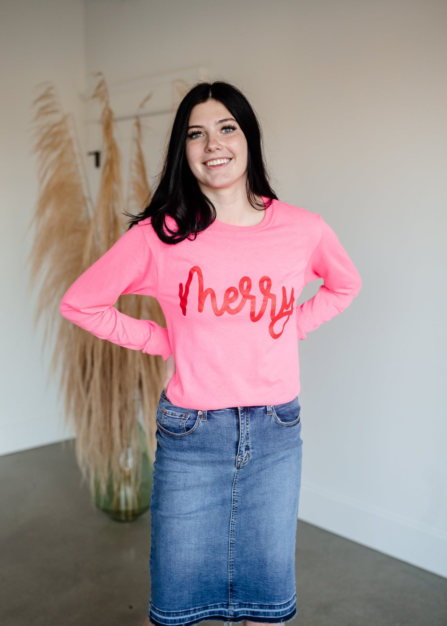 Merry Neon Pink Long Sleeve Graphic Tee - FINAL SALE Tops Fox and Owl