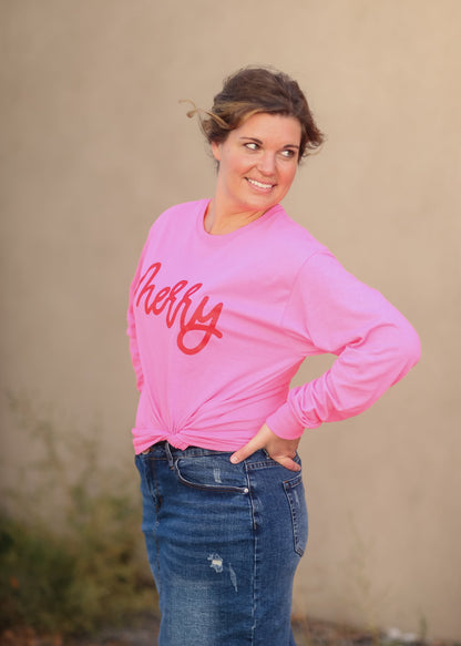 Merry Neon Pink Long Sleeve Graphic Tee - FINAL SALE Tops Fox and Owl