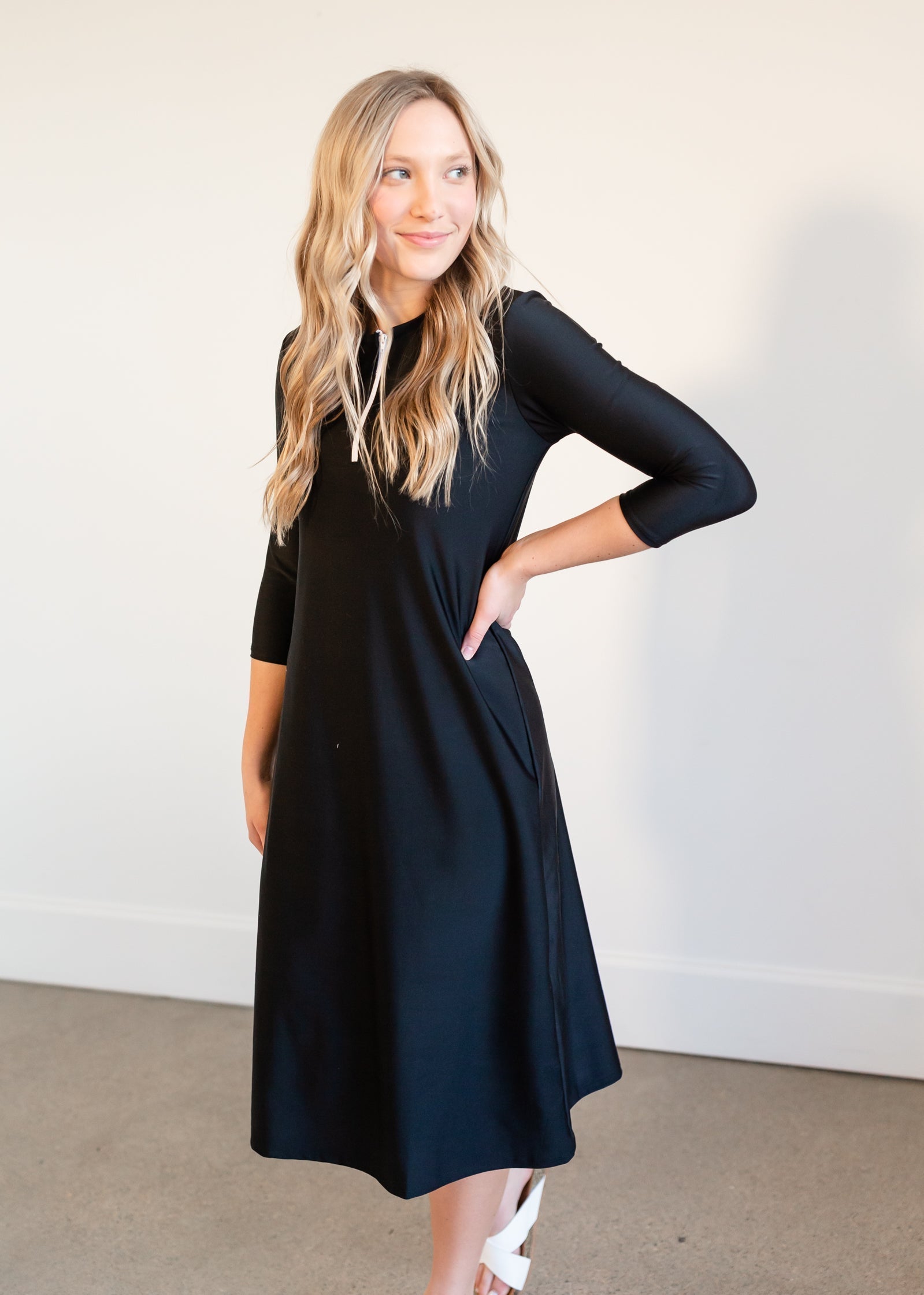 Midi Swim Dress with 1 4 Front Zipper FINAL SALE Inherit Co