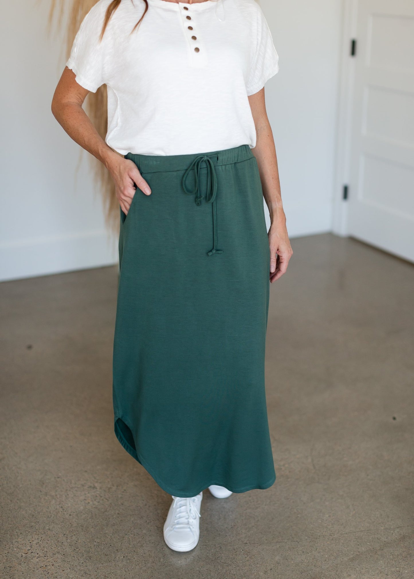 Mila Dusty Jade Drawstring Soft Knit Midi Skirt Skirts Inherit