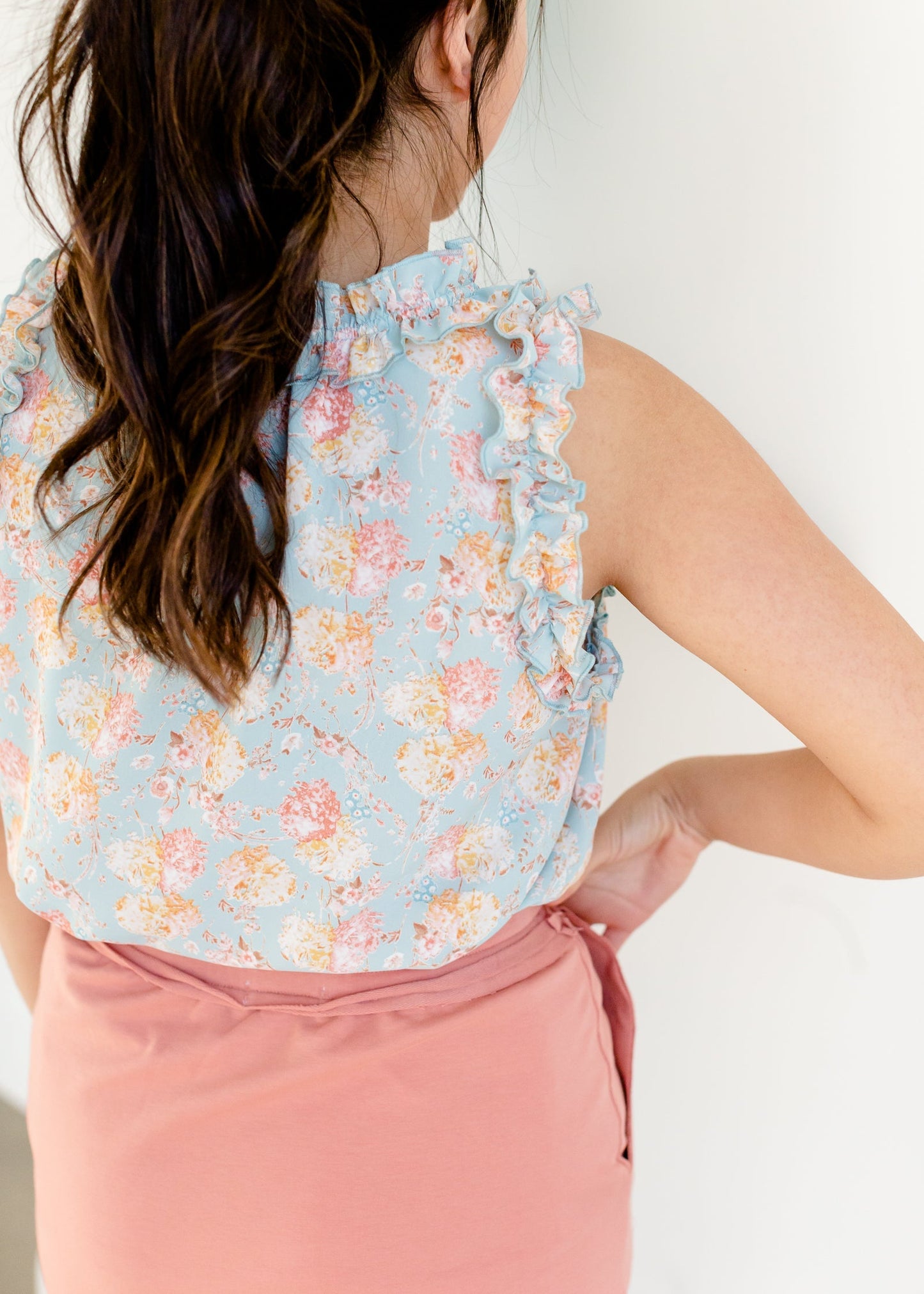 Mint Floral Ruffle Detail Top Tops