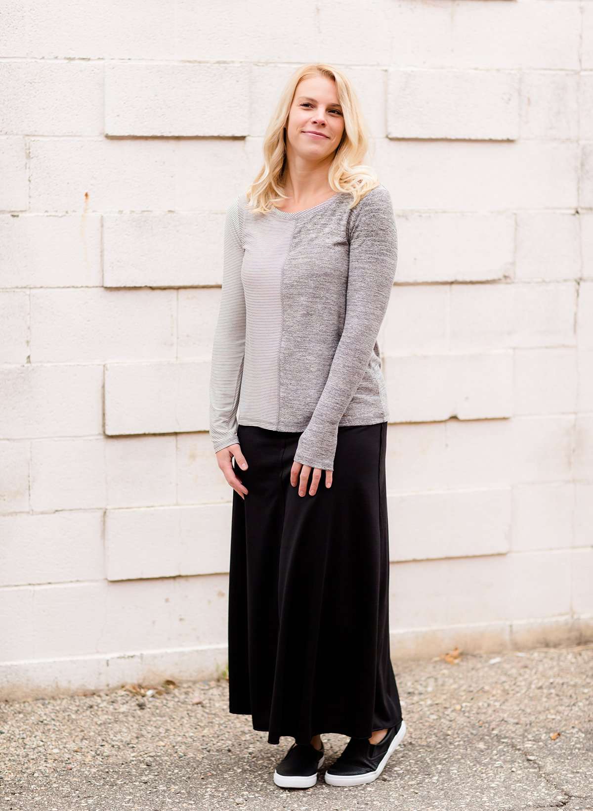 Modest women's gray and charcoal patterned sweater