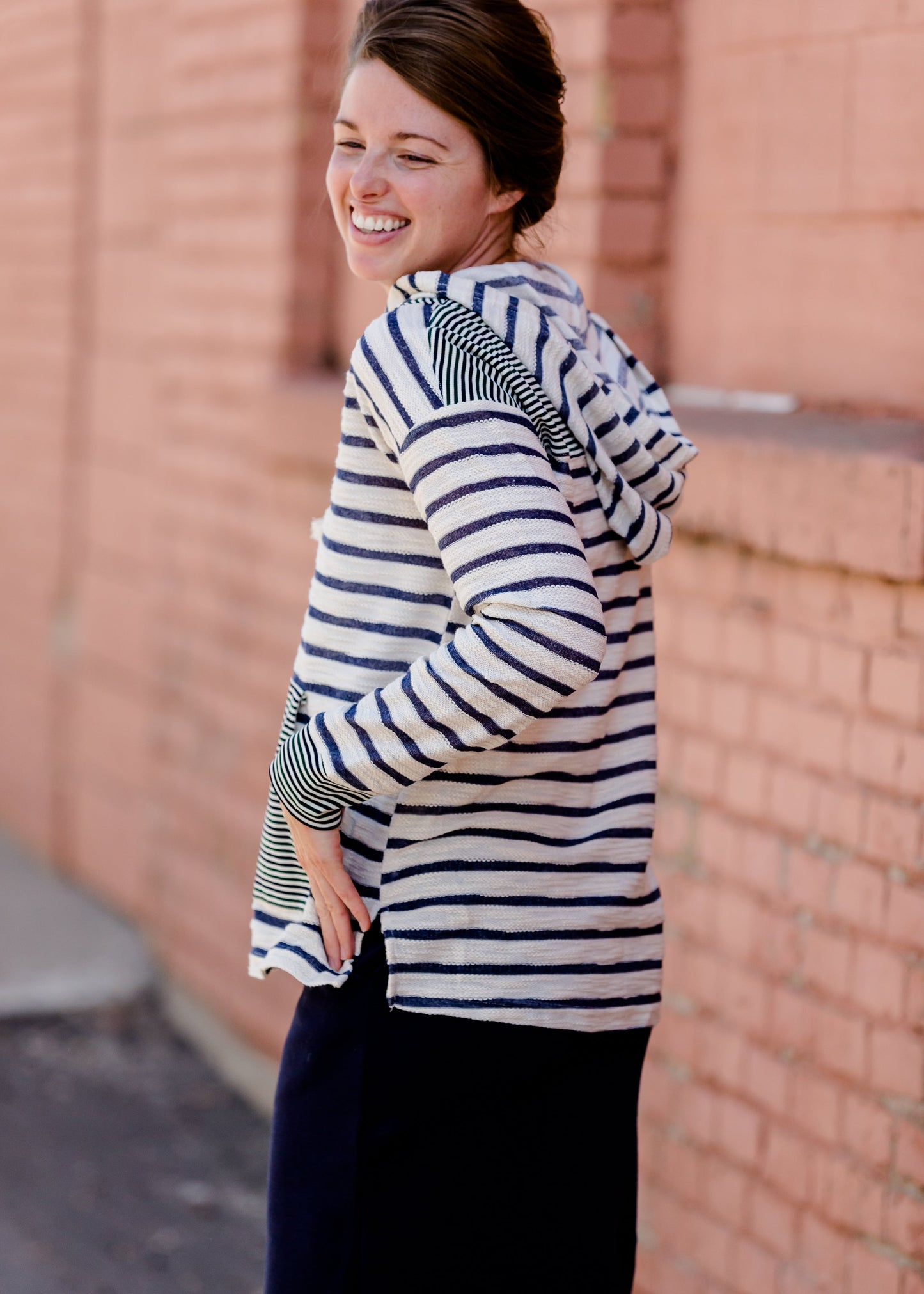 Mixed Stripe Lace Up Hooded Sweatshirt - FINAL SALE Tops