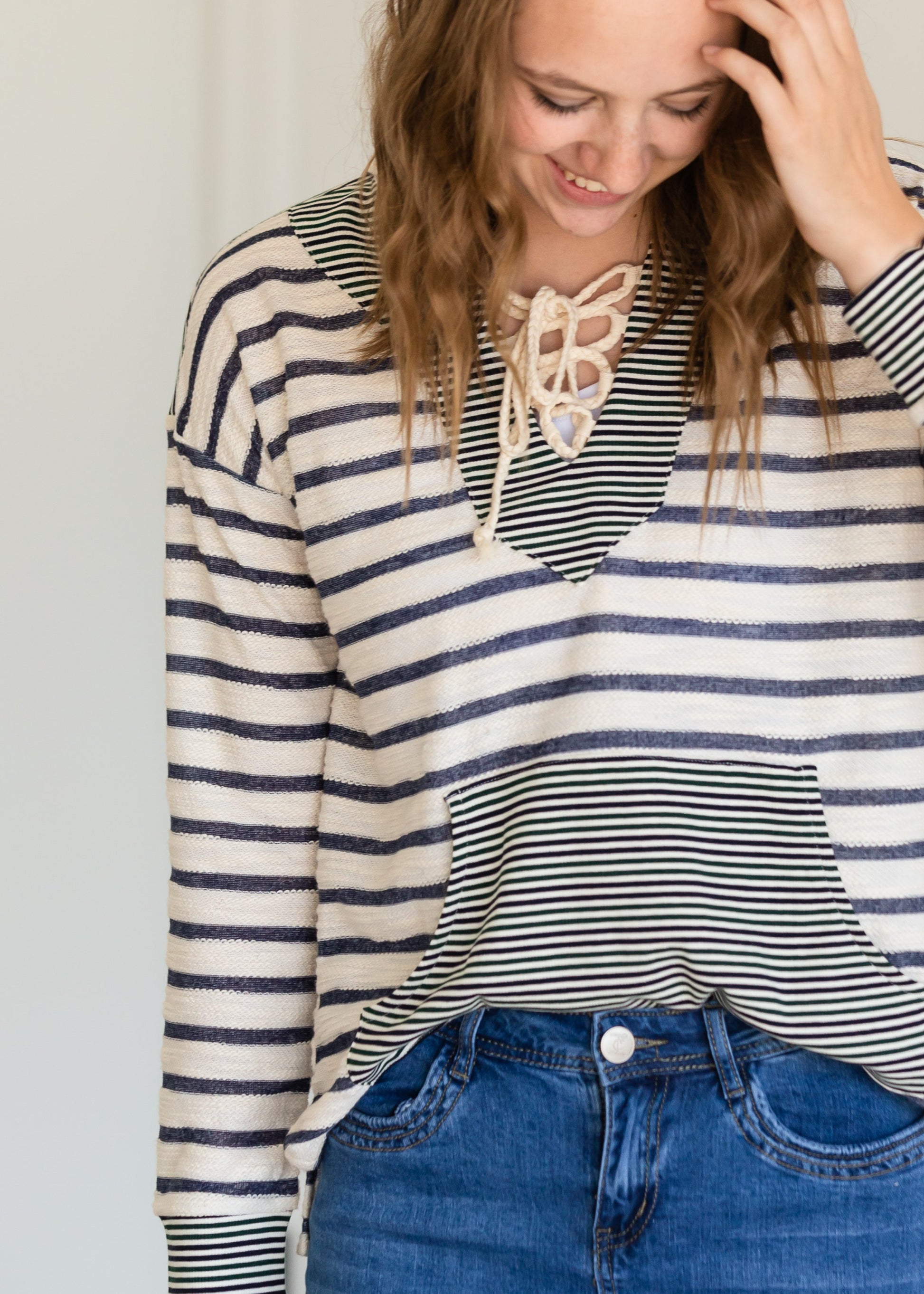 Mixed Stripe Lace Up Hooded Sweatshirt - FINAL SALE Tops