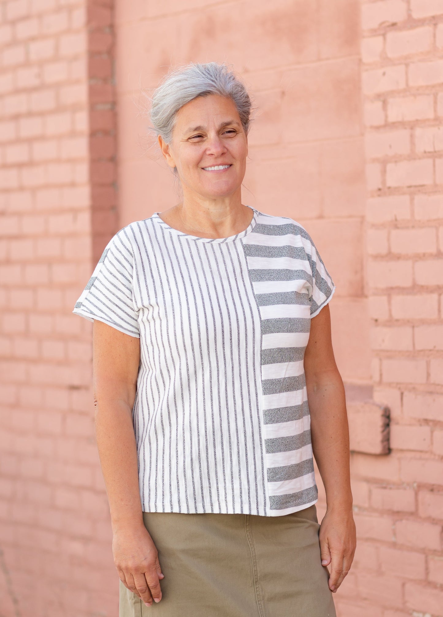 Mixed Striped Short Sleeve Top Tops Gray / S