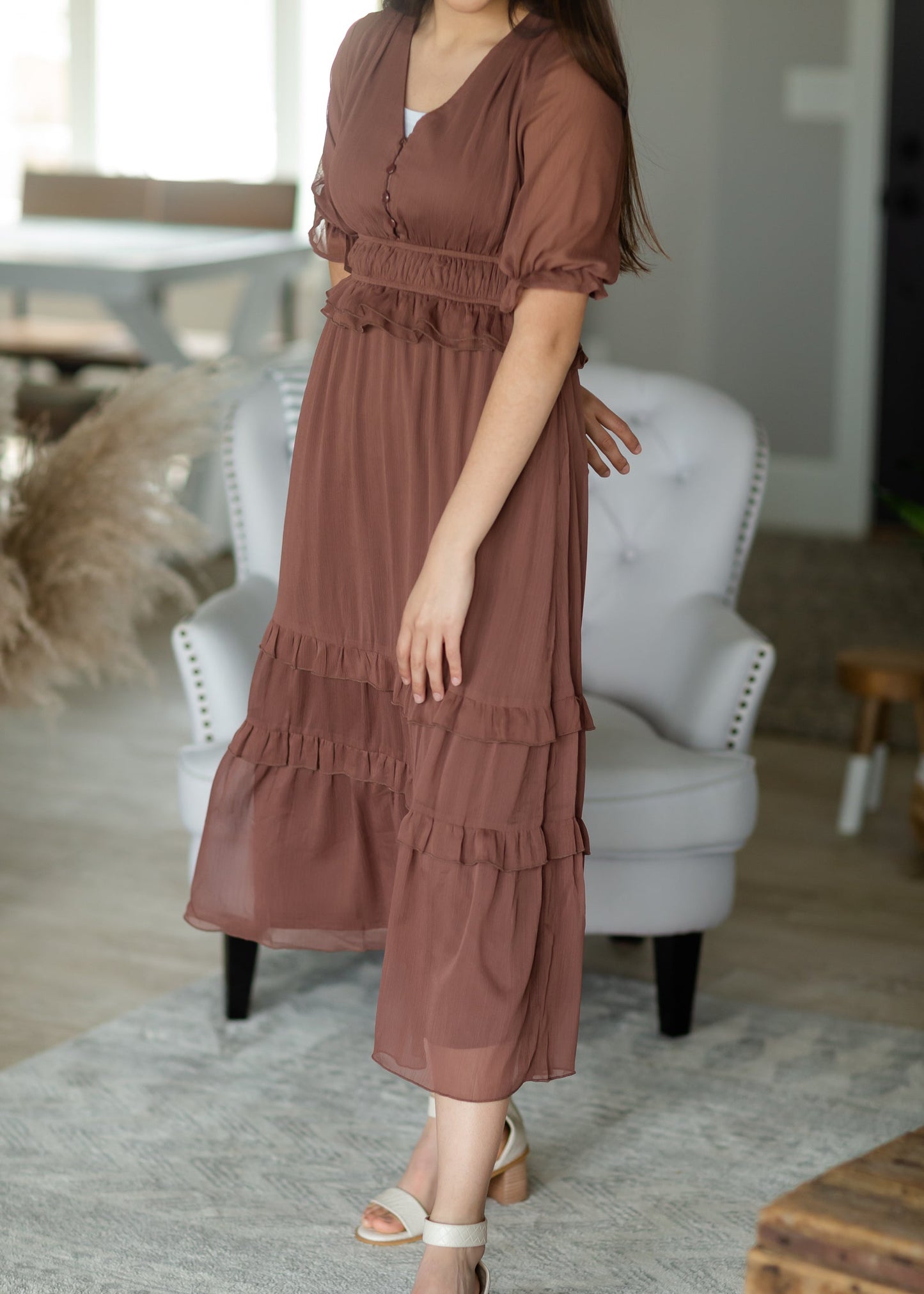Mocha Chiffon Tiered Ruffle Midi Dress - FINAL SALE Dresses