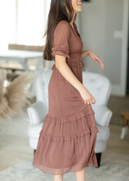 Mocha Chiffon Tiered Ruffle Midi Dress - FINAL SALE Dresses