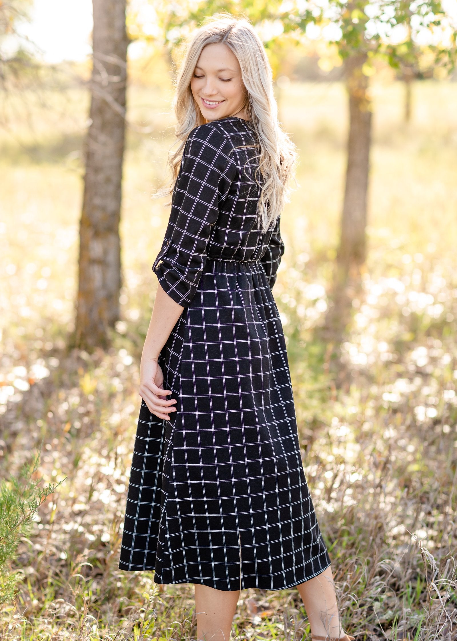 Monica Black Windowpane Midi Dress Dresses Inherit