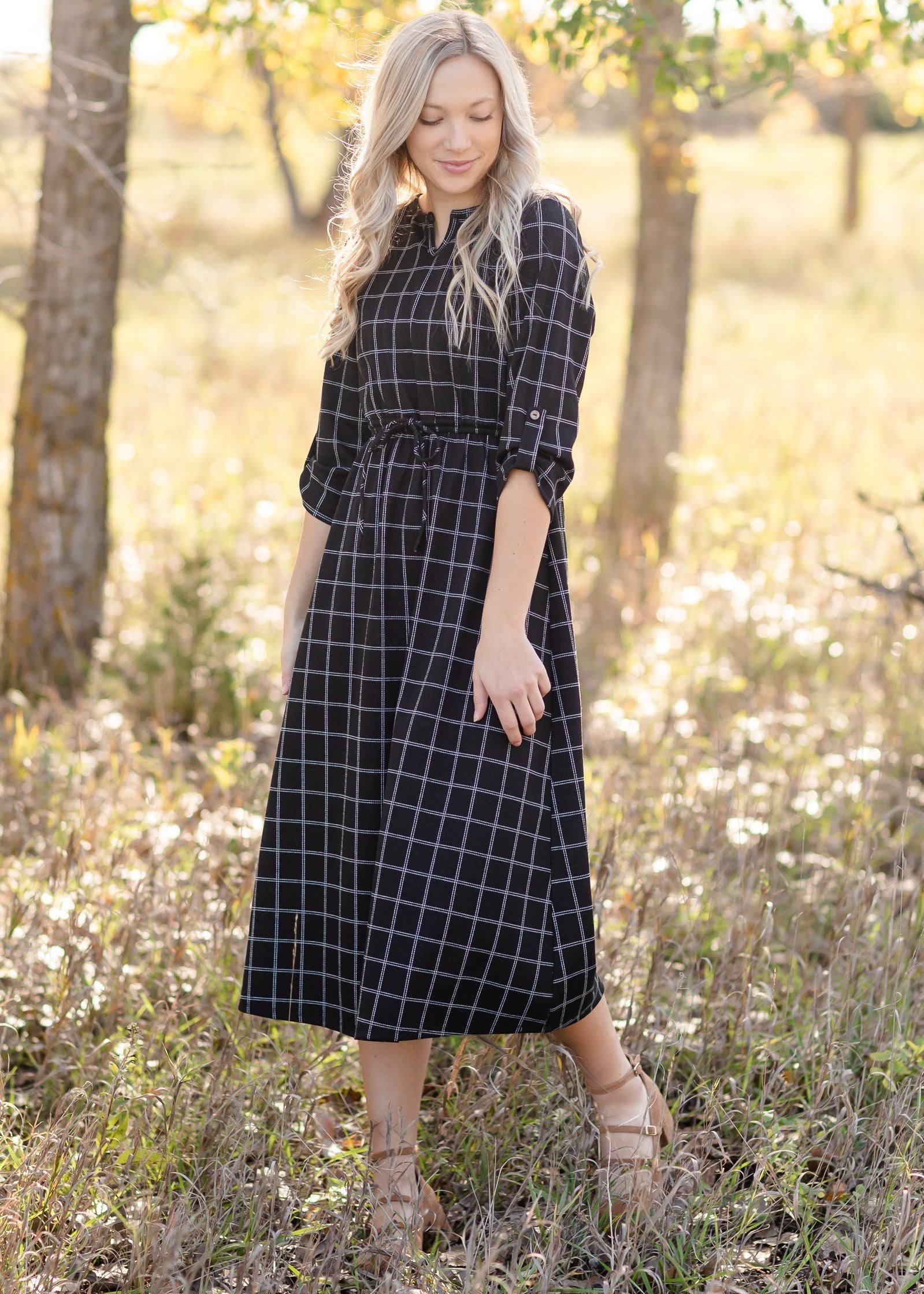 Monica Black Windowpane Midi Dress Dresses Inherit