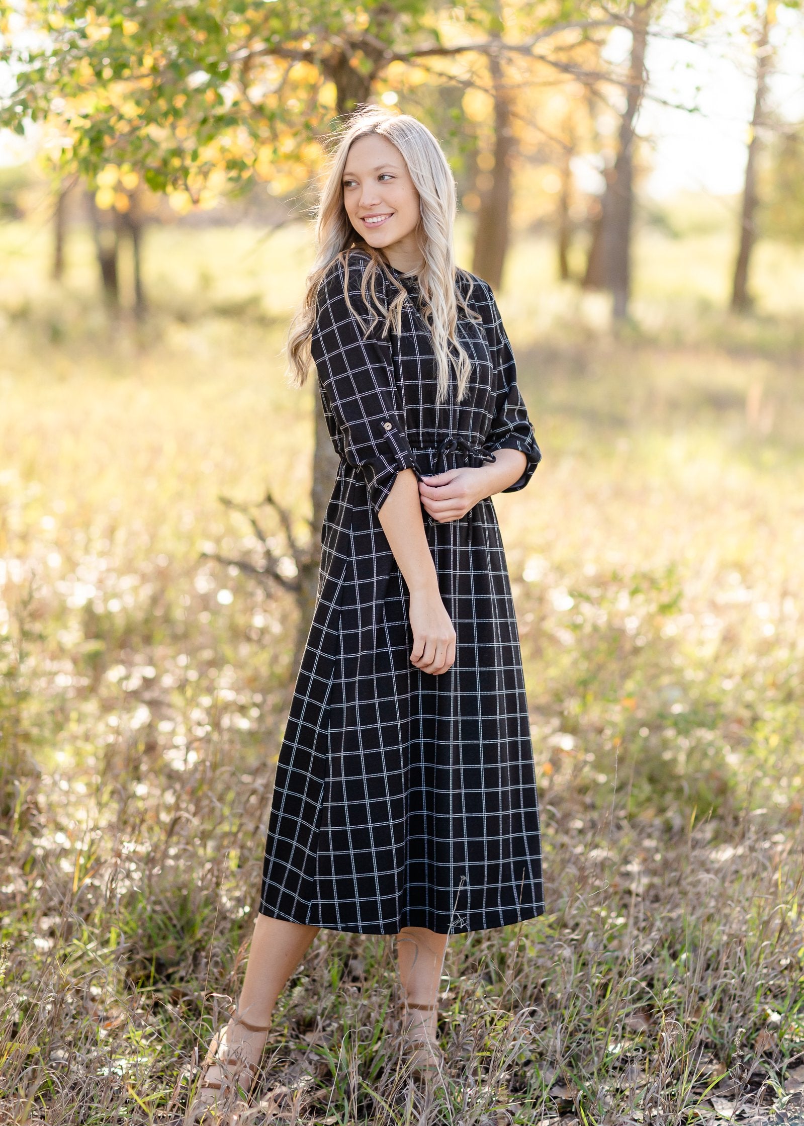 Monica Black Windowpane Midi Dress Dresses Inherit