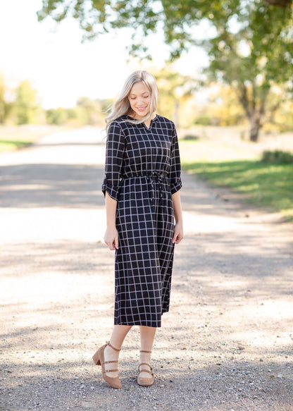 Monica Black Windowpane Midi Dress Dresses Inherit XS