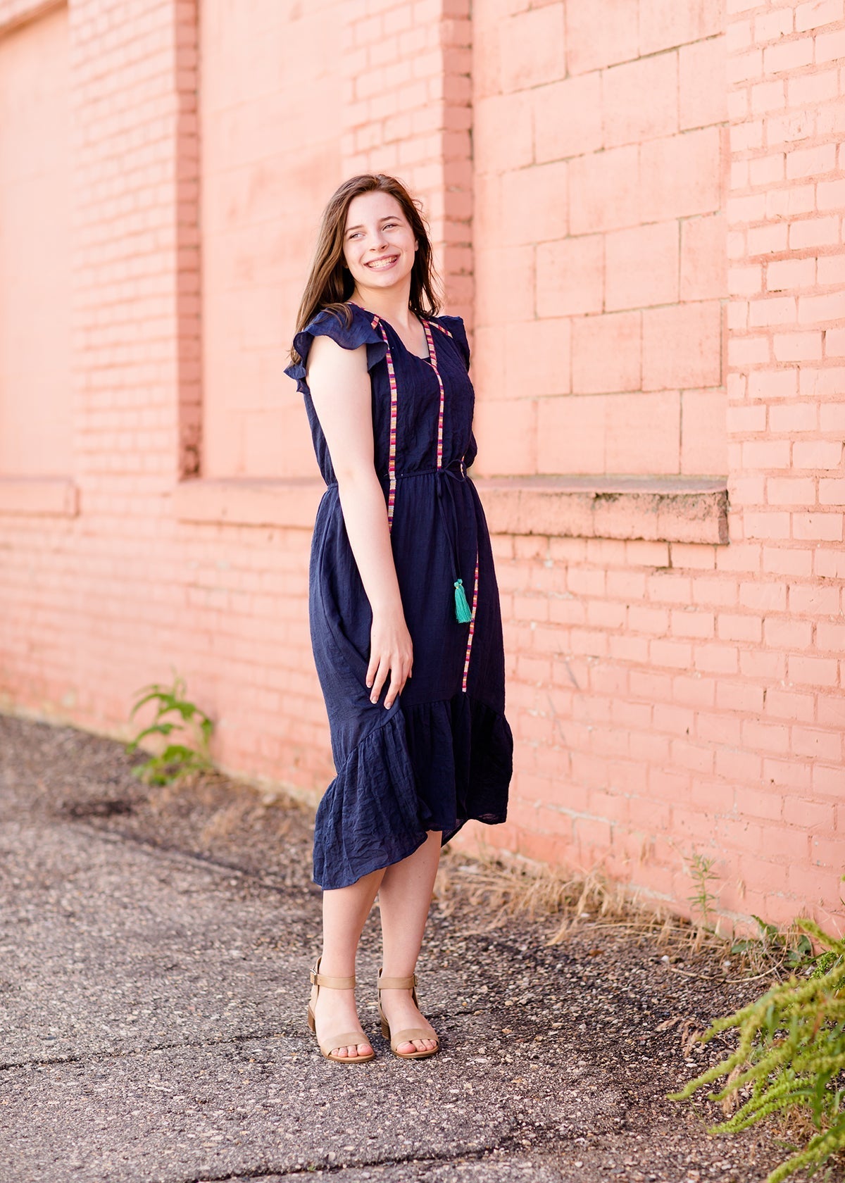Navy midi dress with colorful embroidered accents 