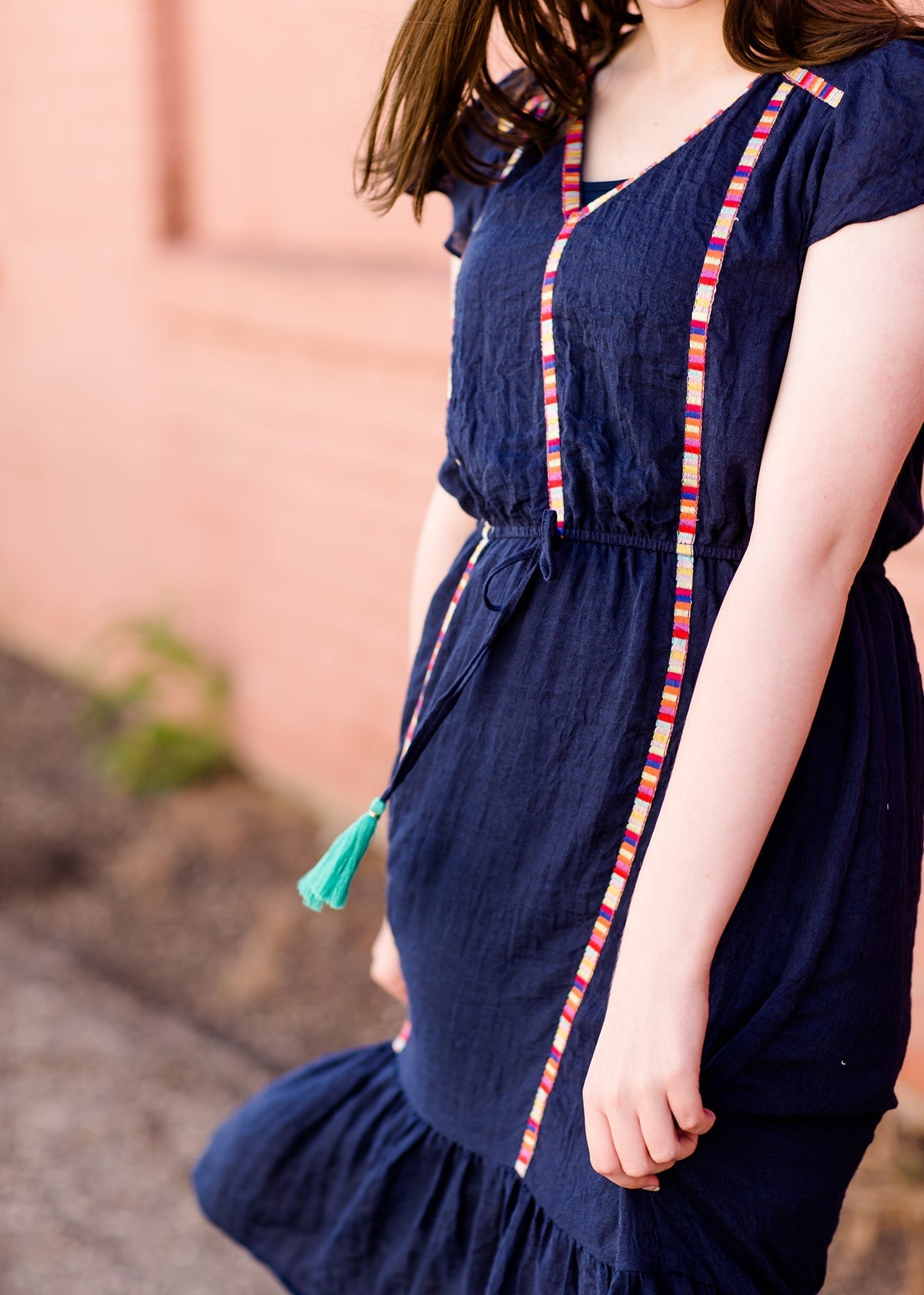 Navy midi dress with colorful embroidered accents 