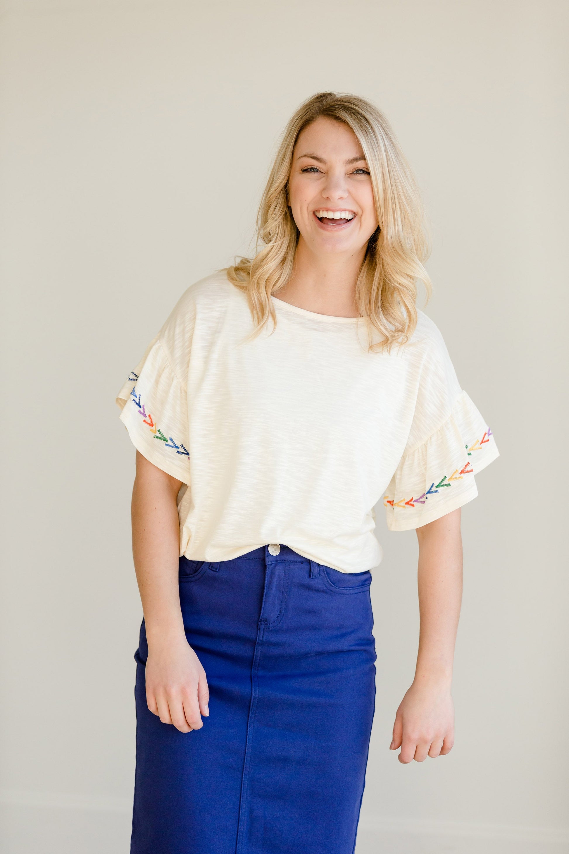 Multi Color Embroidered Ruffle Top - FINAL SALE Tops