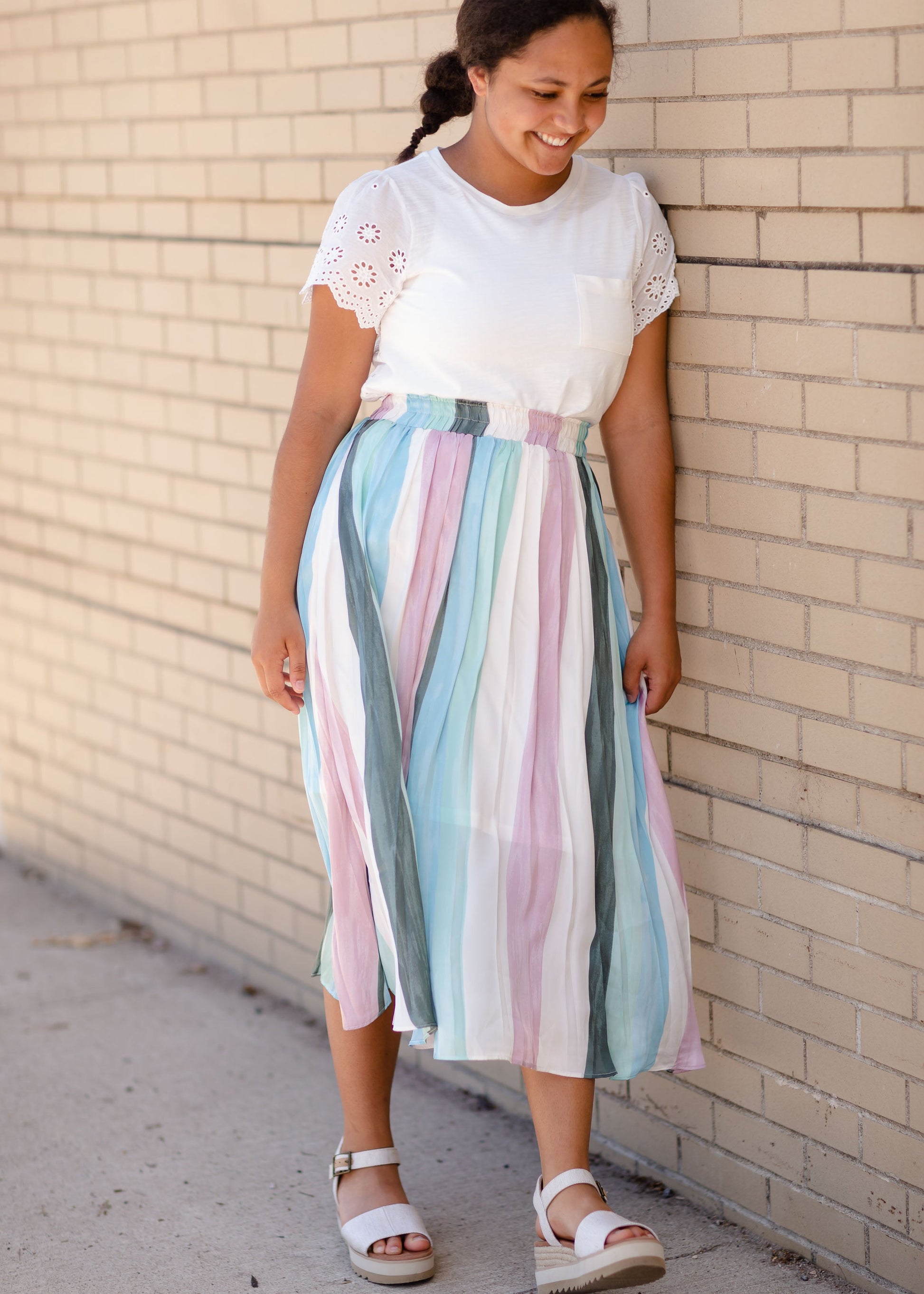 Multi Color Stripe Pleated Skirt Skirts