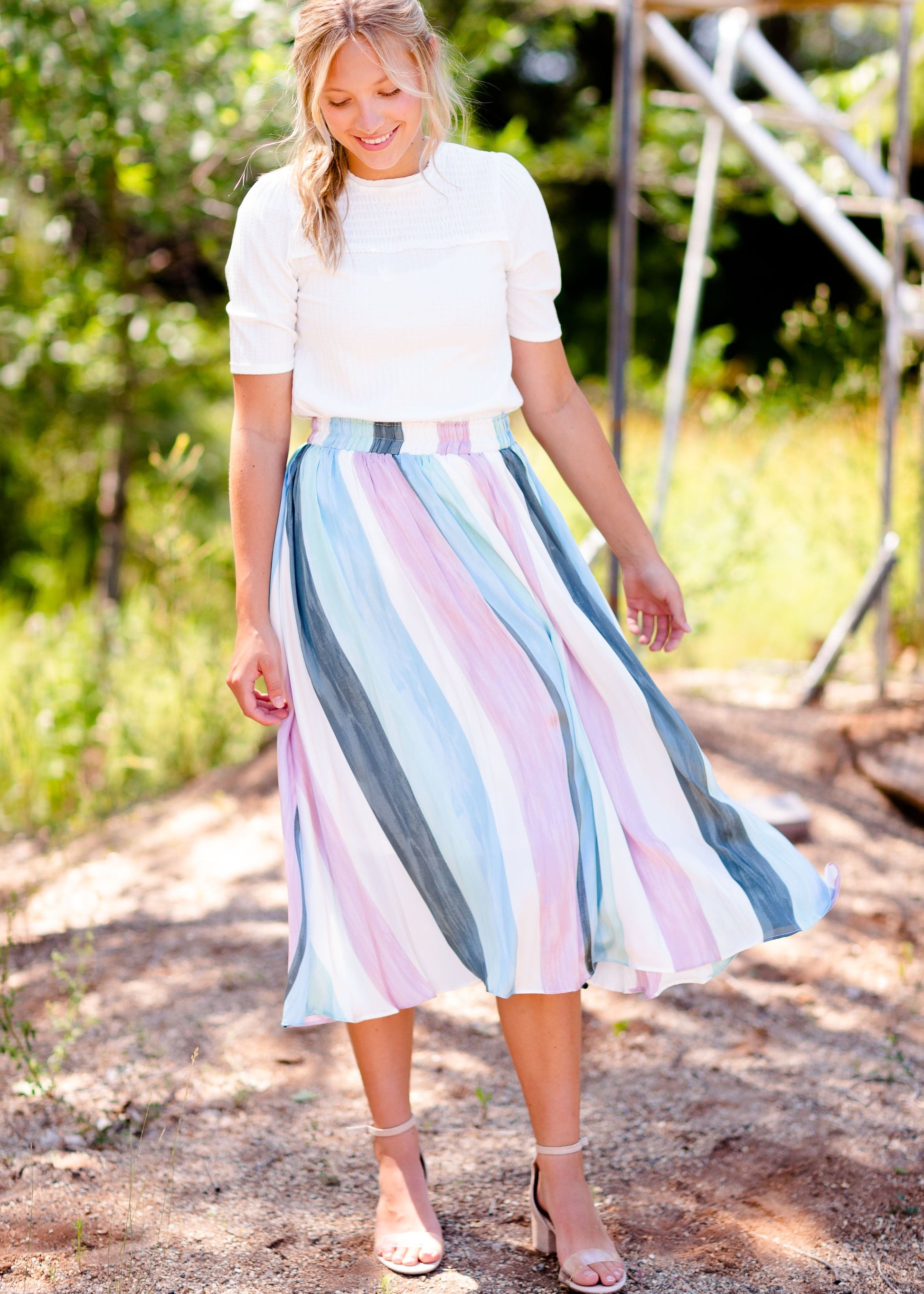Multi Color Stripe Pleated Skirt Skirts