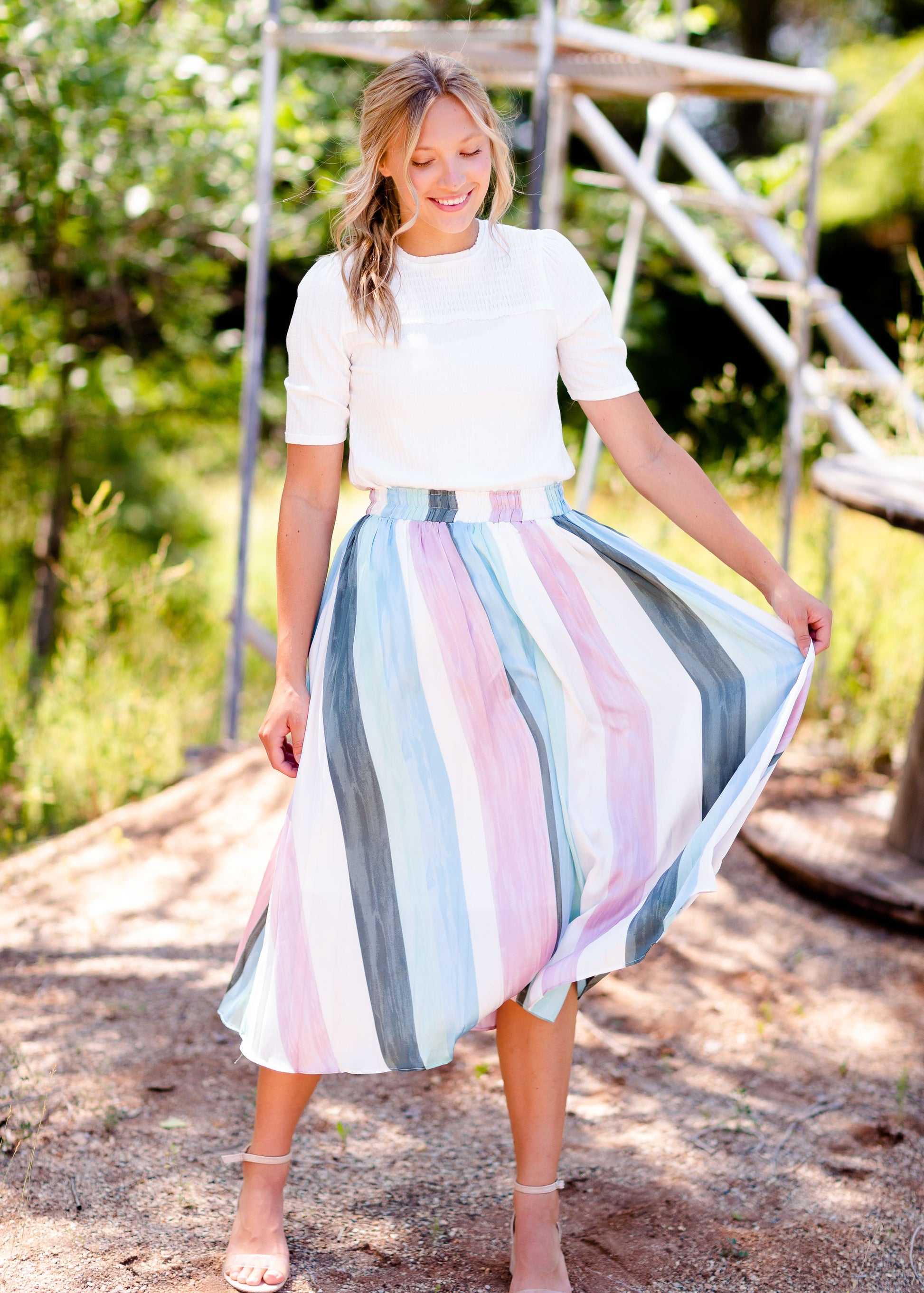 Multi Color Stripe Pleated Skirt Skirts