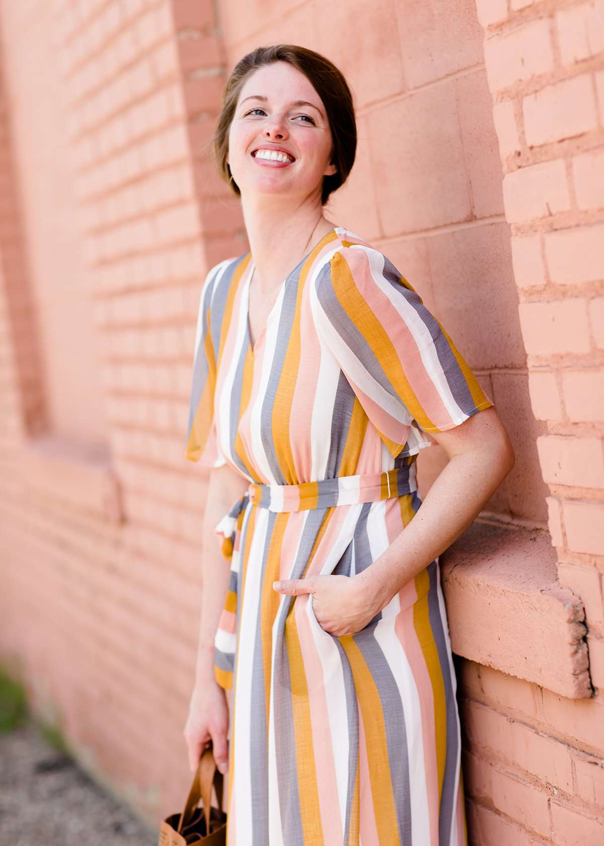 women's modest multi stripe blush, yellow, blue and white stripe maxi dress