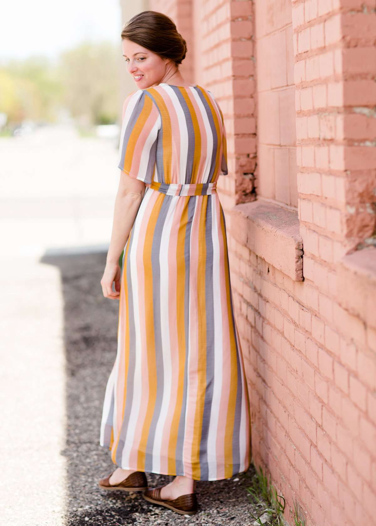 Multi Striped Modest Women s Maxi Dress with Belt Inherit Co