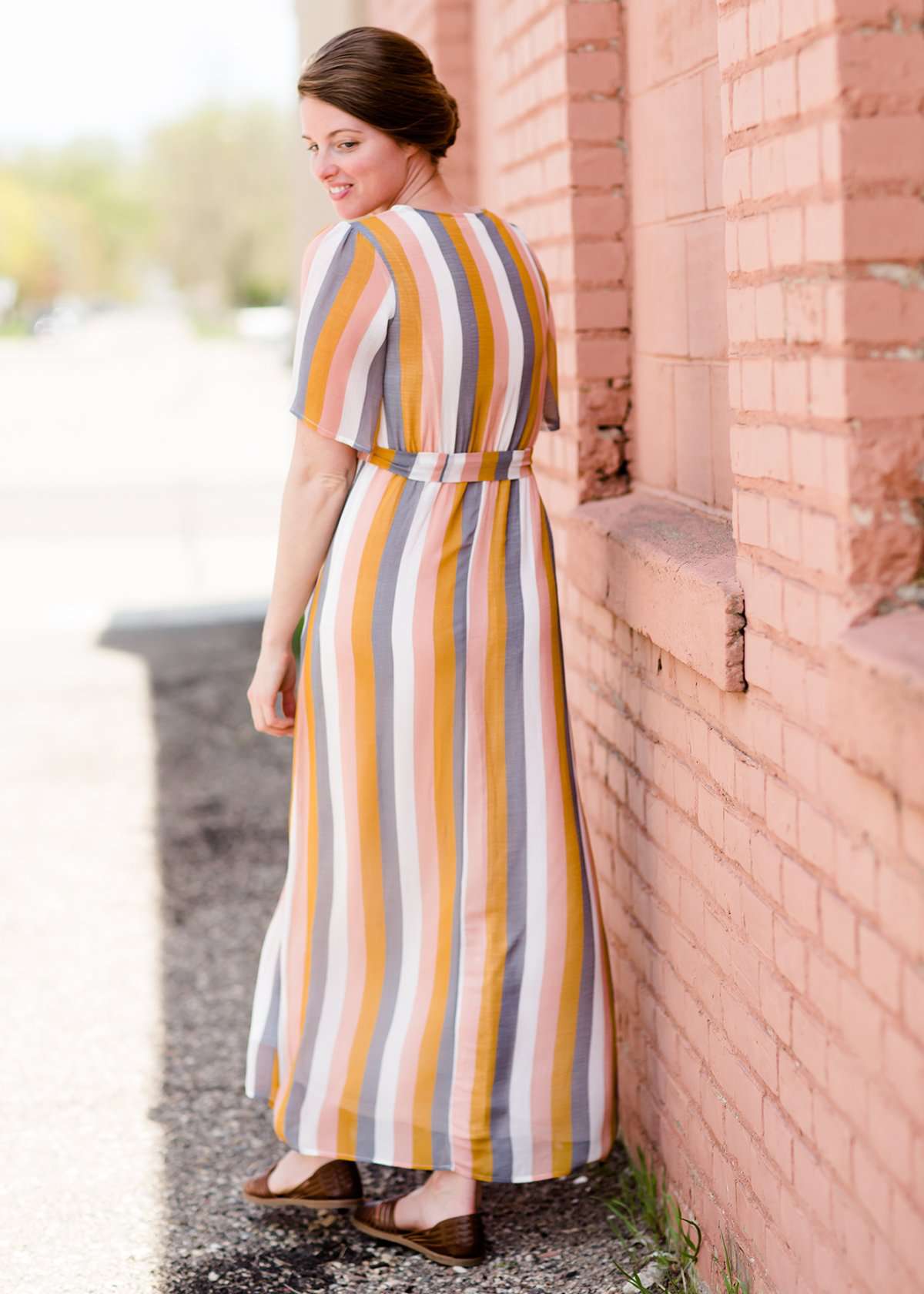 women's modest multi stripe blush, yellow, blue and white stripe maxi dress