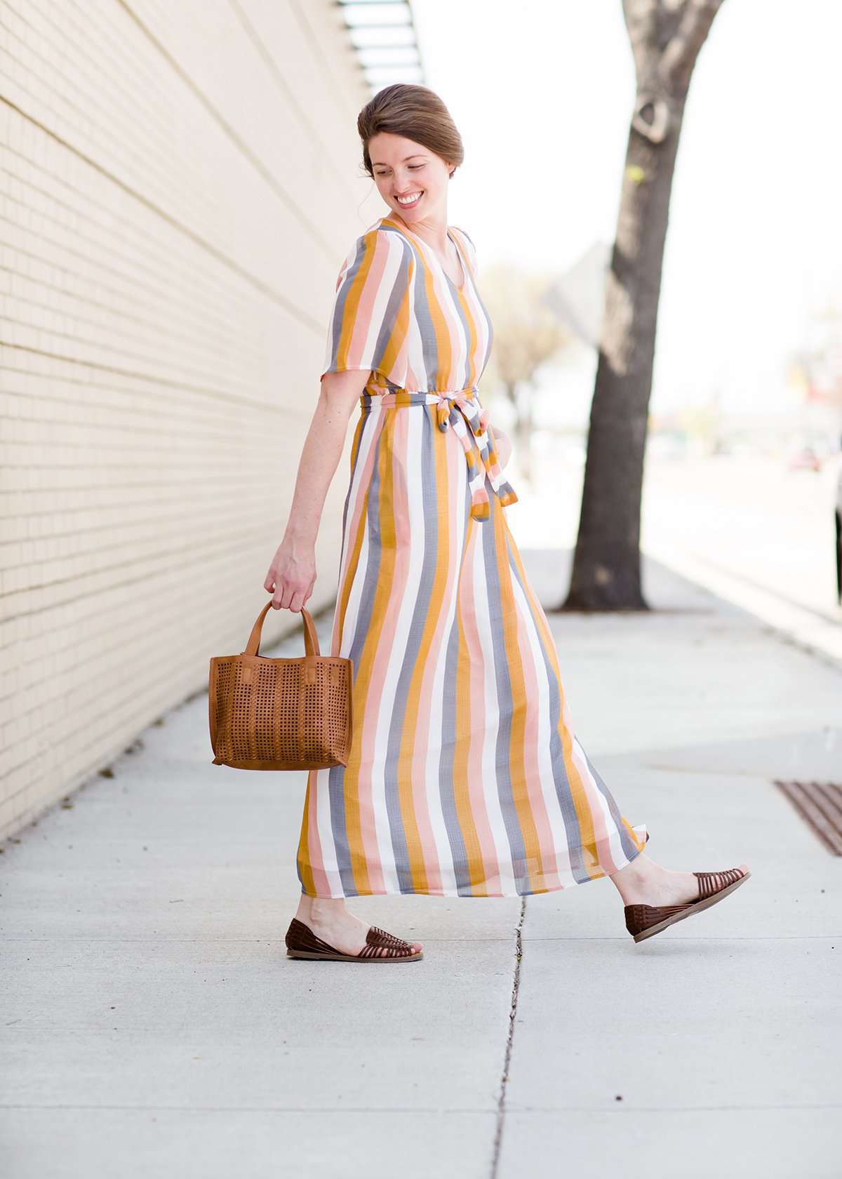 women's modest multi stripe blush, yellow, blue and white stripe maxi dress