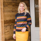 Women's modest multi striped mustard red blue sweater