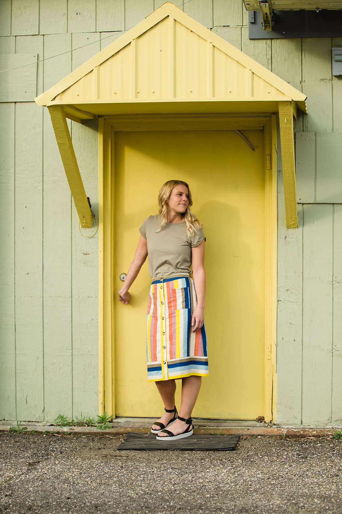 Multi colored flowy below the knee striped knit skirt