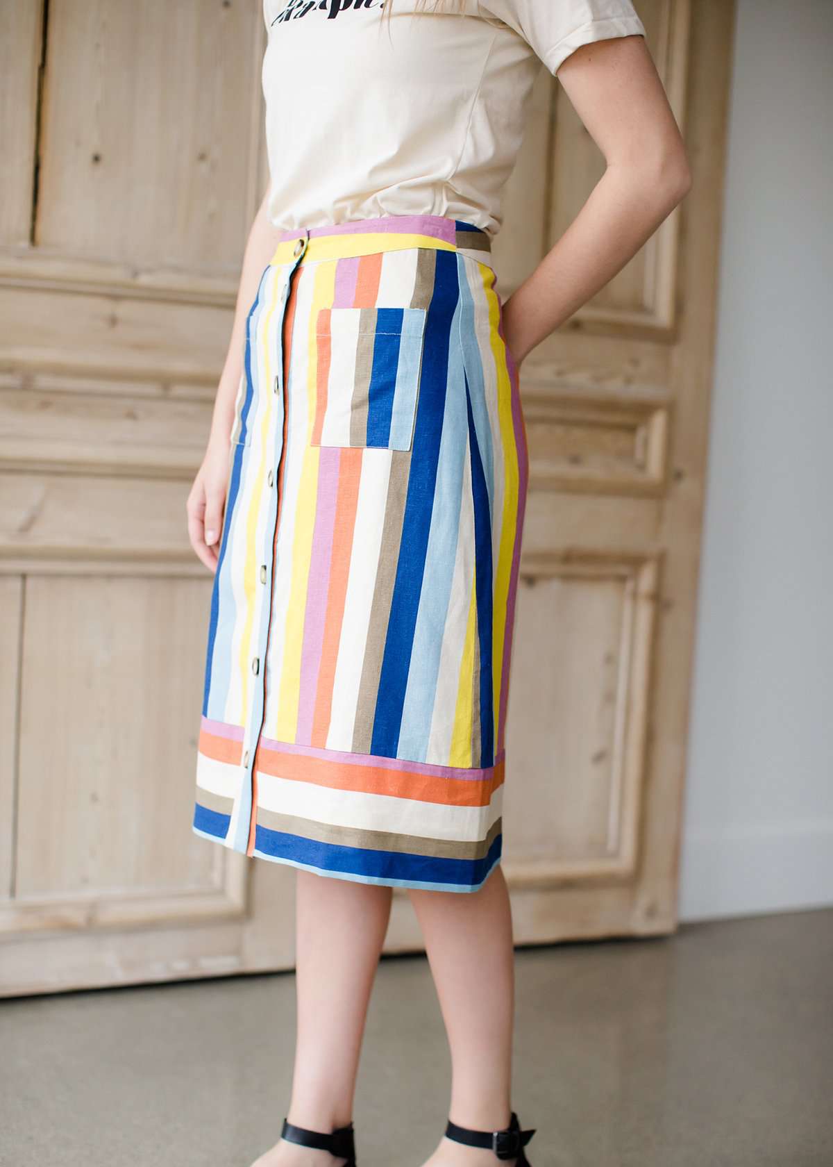Multi colored flowy below the knee striped knit skirt