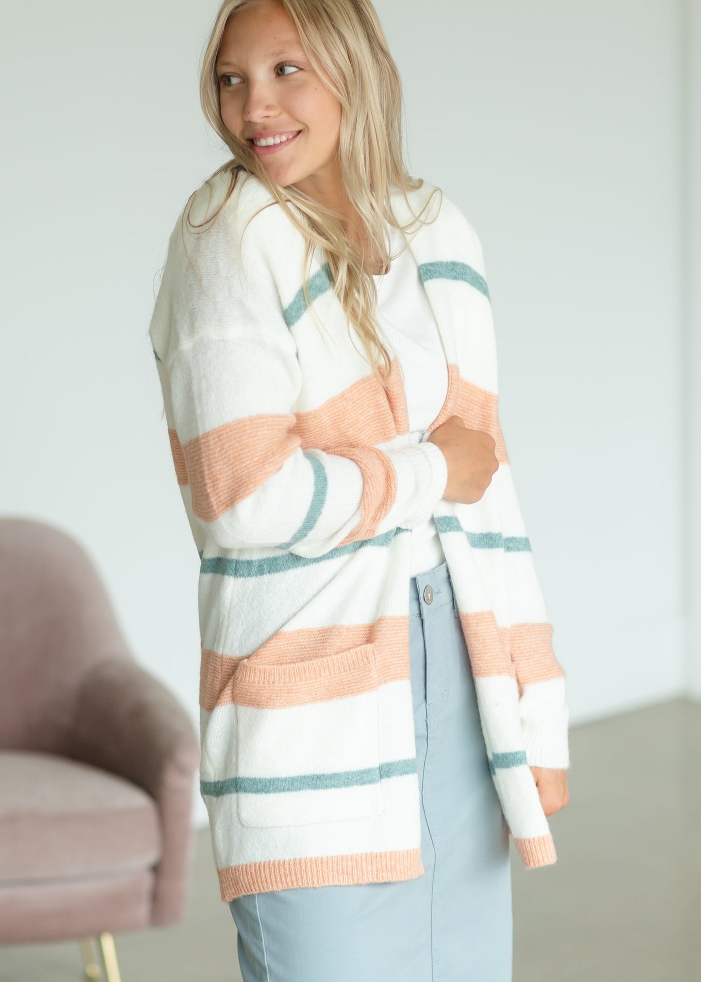 Multi Stripe Cardigan With Pockets - FINAL SALE Tops Pink Striped / S
