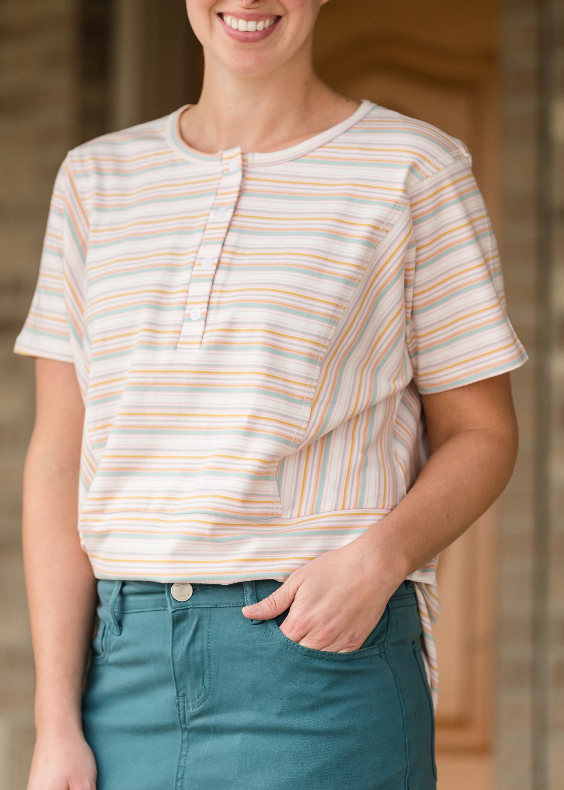 Multi Striped Button Up Tee - FINAL SALE Tops