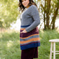 Long knit charcoal womens cardigan with orange and burgundy stripes