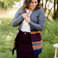 Long knit charcoal womens cardigan with orange and burgundy stripes