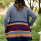 Long knit charcoal womens cardigan with orange and burgundy stripes