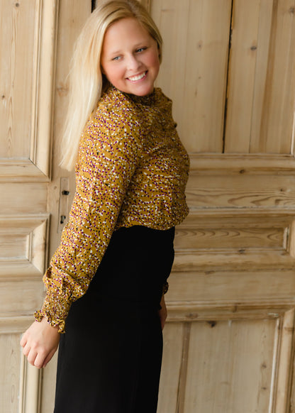 Mustard Abstract High Neck Blouse - FINAL SALE Tops