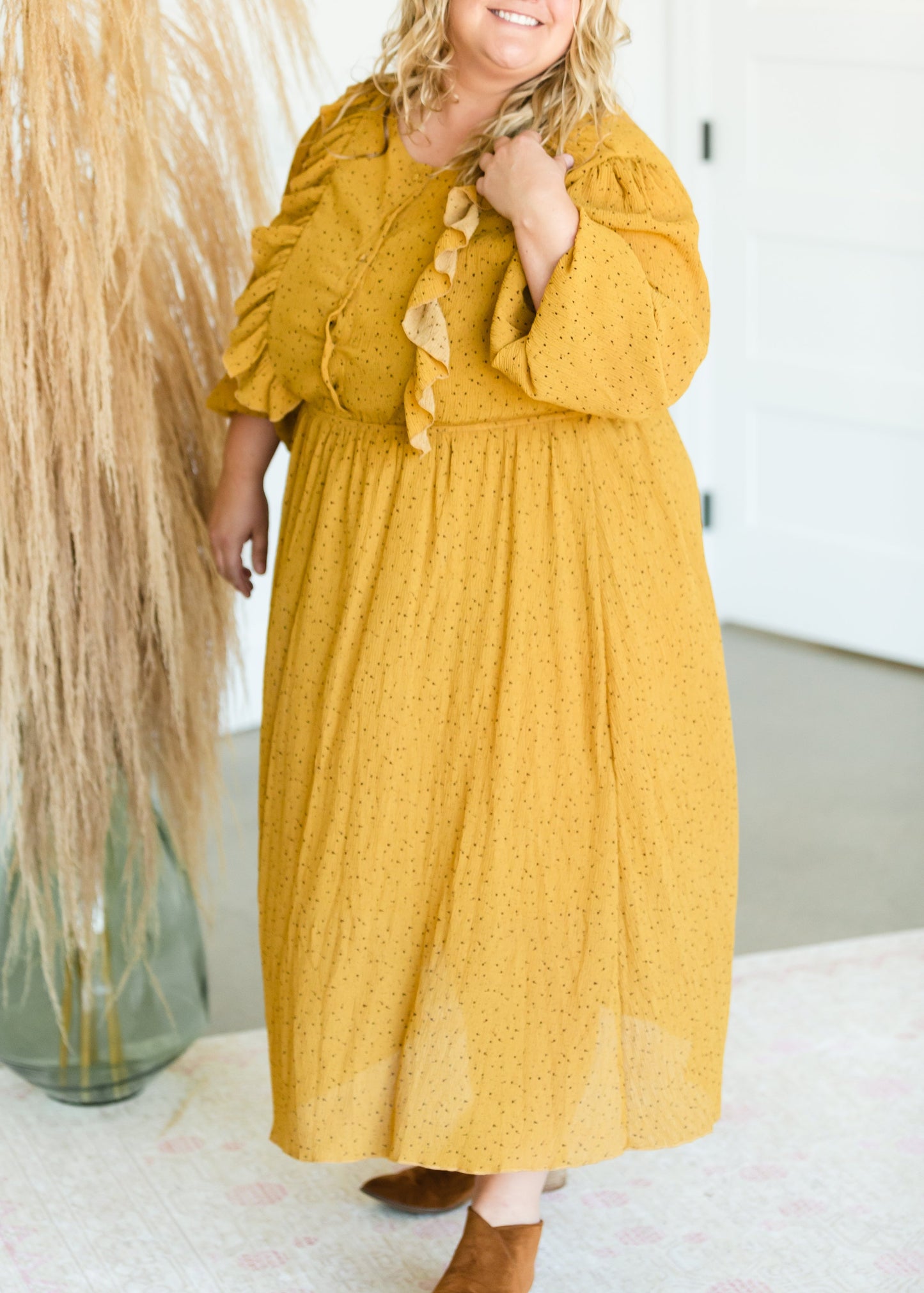 Mustard Button Front Ruffle Maxi Dress - FINAL SALE Dresses