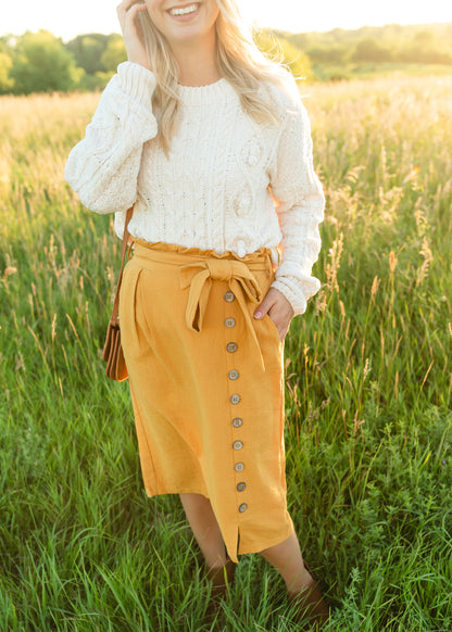 Mustard Button Side Paper Bag Belted Midi Skirt - FINAL SALE Skirts