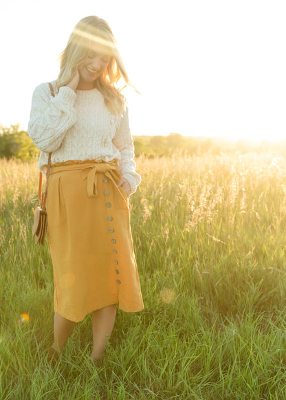 Mustard Button Side Paper Bag Belted Midi Skirt - FINAL SALE Skirts