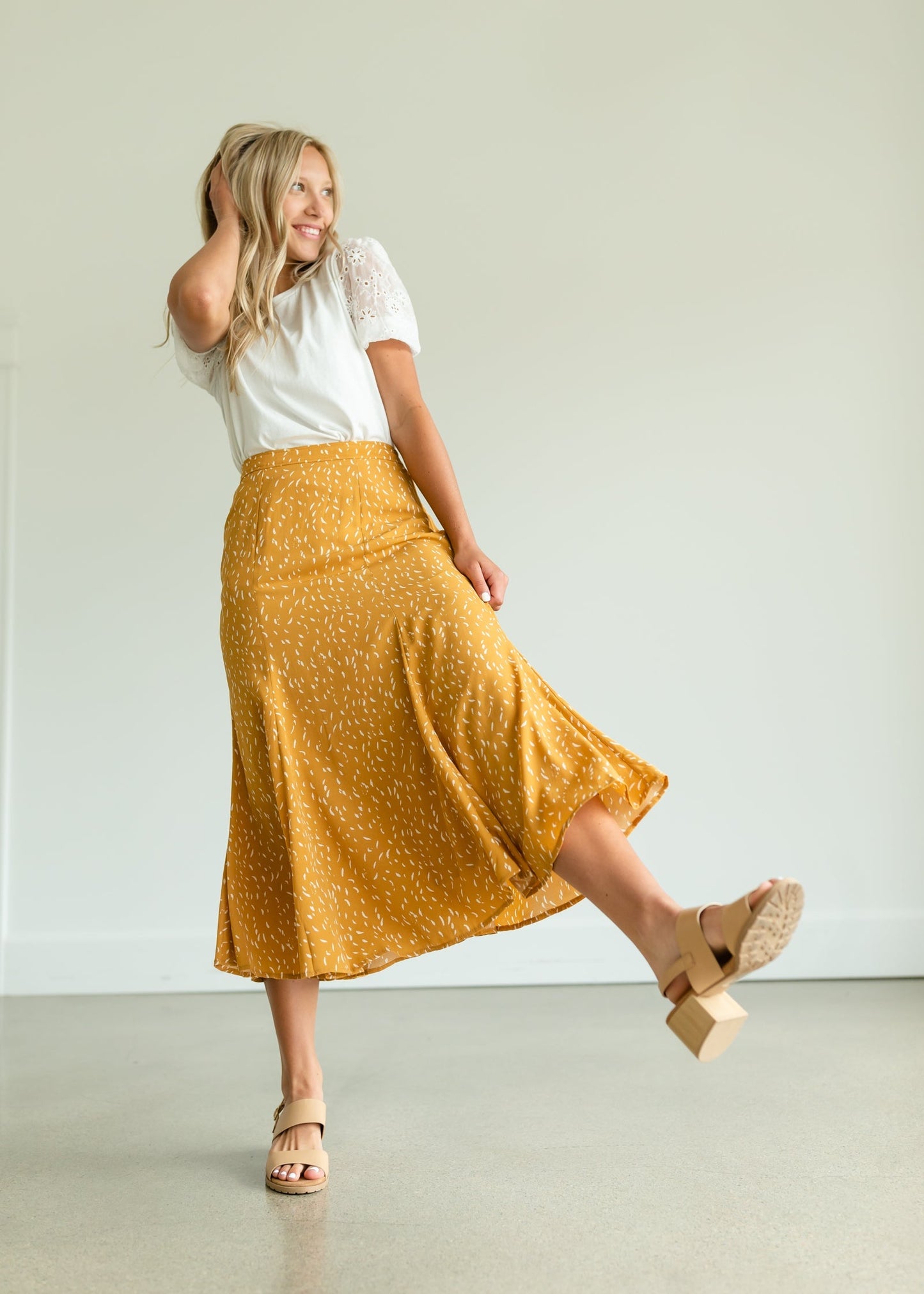 Mustard Flare Printed Midi Skirt Skirts