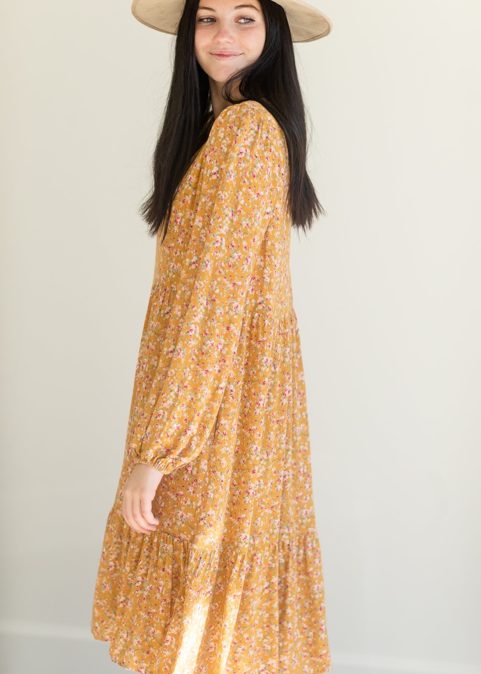 Mustard Floral Floaty Midi Dress Dresses Orange Creek/Tea N Rose
