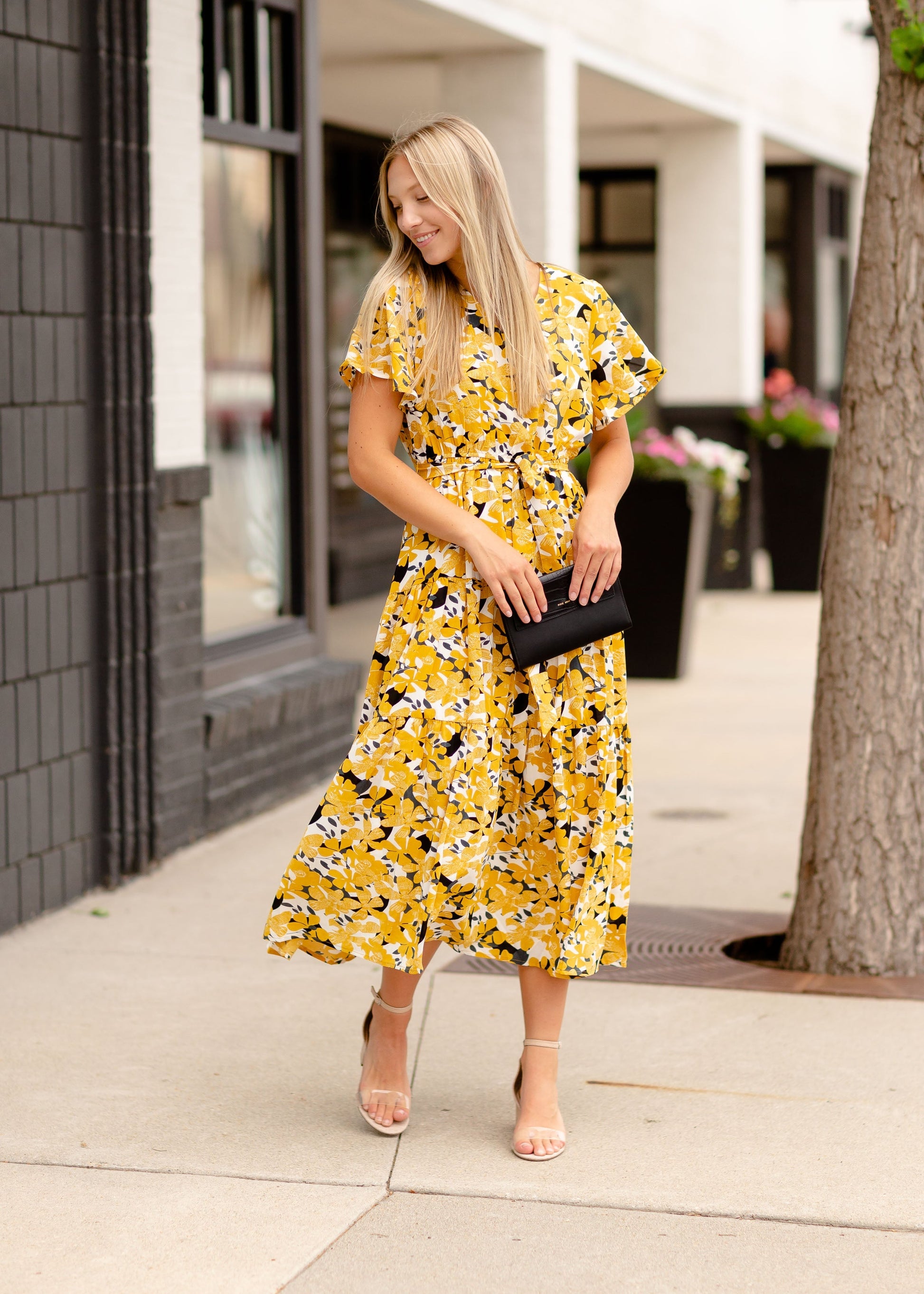 Mustard Floral V-Neck Midi Dress Dresses